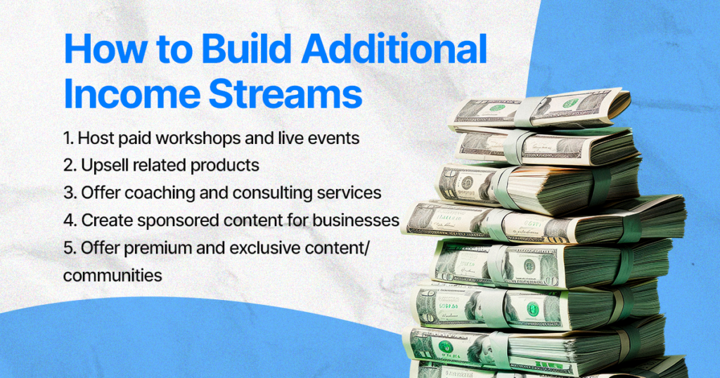 How to Build Additional Income Streams
1. Host paid workshops and live events
2. Upsell related products
3. Offer coaching and consulting services
4. Create sponsored content for businesses
5. Offer premium and exclusive content/communities